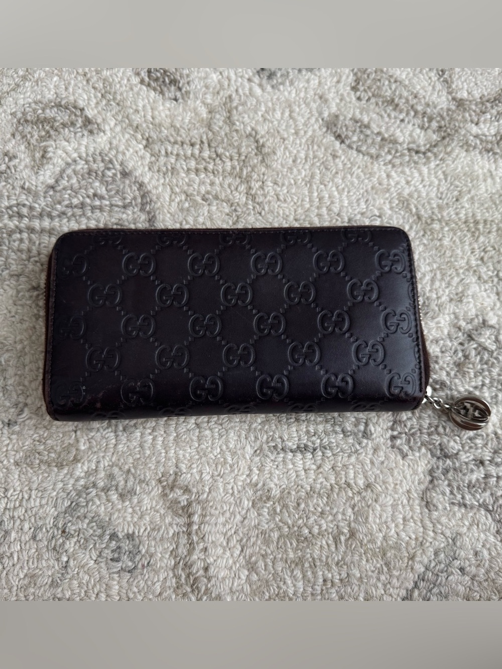 Gucci Brown  GG Embossed Long  Leather Zip Wallet with Silver Logo Pull